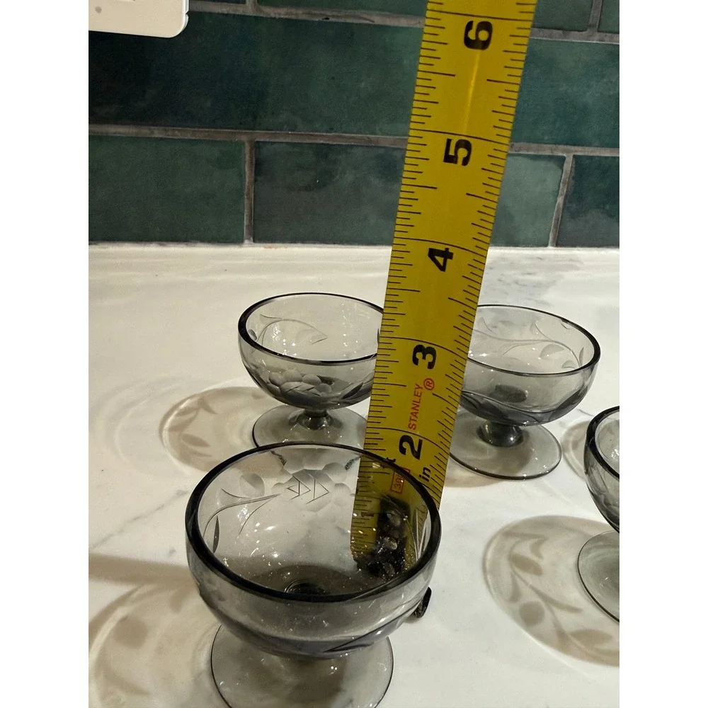 Vintage Smoky Gray Etched Glass Decanter Set with 5 Cordial Glasses Floral